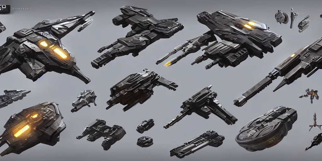 Image similar to futuristic sci - fi props and gadget, hard surface, collection, kitbash, parts, shape and form, in watercolor gouache detailed paintings, star citizen, modular, pieces, golden ratio, mobius, weapon, guns, destiny, big medium small, insanely details