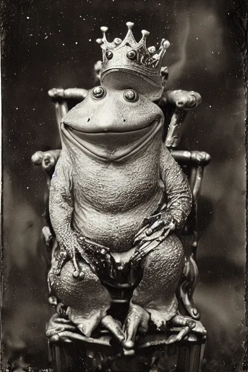 Prompt: a wet plate photo of an anthropomorphic frog king sitting on a throne