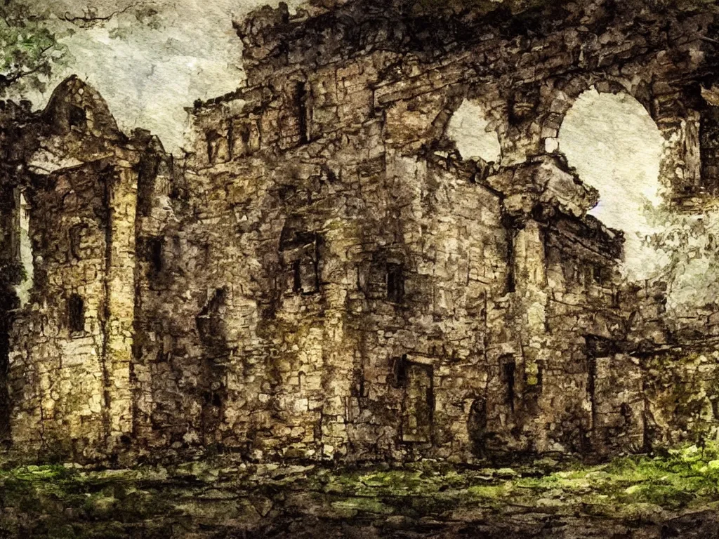 Prompt: A water painting of a dilapidated ancient castle building in the wood