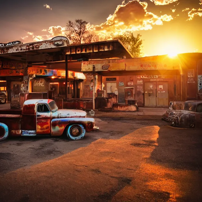 Image similar to a sunset light landscape with historical route 6 6, lots of sparkling details and sun ray ’ s, blinding backlight, smoke, volumetric lighting, colorful, octane, 3 5 mm, abandoned gas station, old rusty pickup - truck, beautiful epic colored reflections, very colorful heavenly, softlight