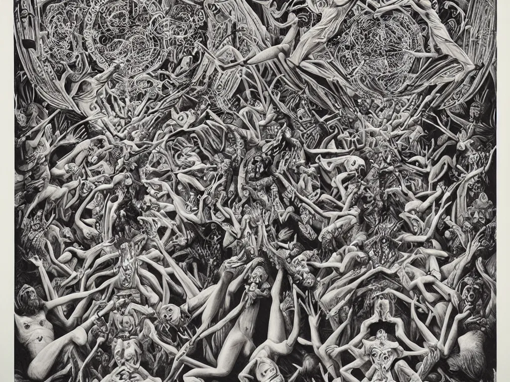 Image similar to meditation on death by Alex Grey and M. C. Escher collaboration