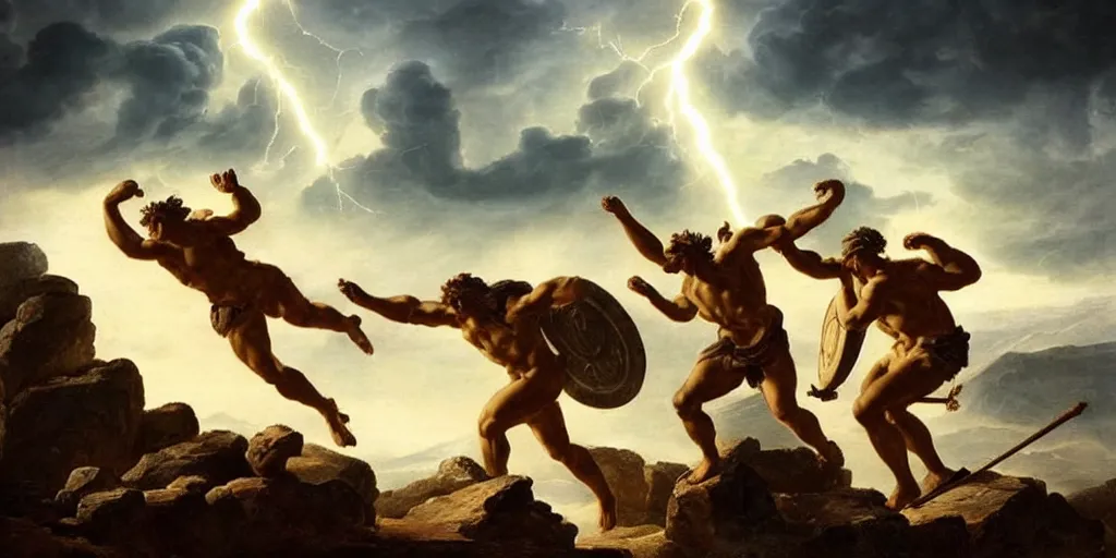 Prompt: amazing ancient landscape photo of greek gods fighting on top mount olympus, beautiful dramatic lighting