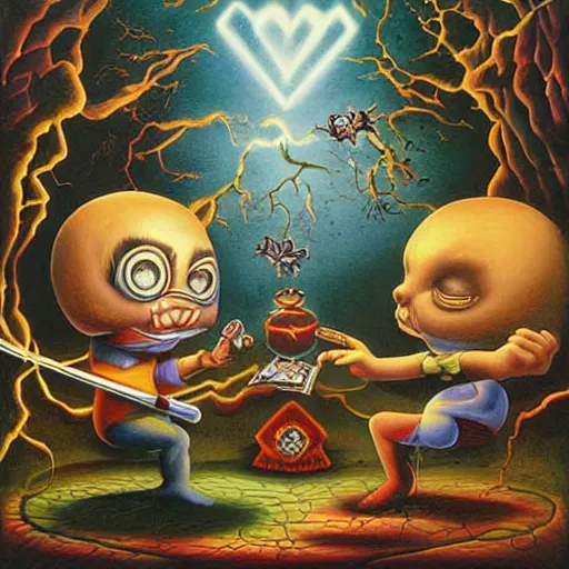 Image similar to wizards duel painting by Mark Ryden and Todd Schorr, Jack Kirby