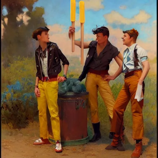 Image similar to three male teens wearing rockabilly outfits and eating yellow popsicles while looking around by gaston bussiere, craig mullins, j. c. leyendecker 8 k