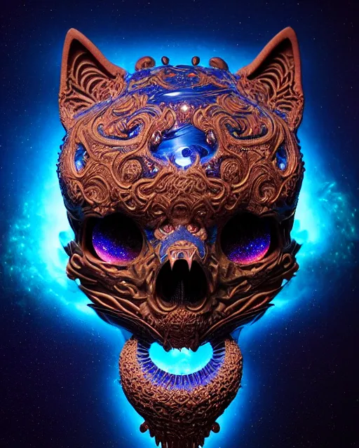 Prompt: 3 d ornate carved dark cosmic kitty with profile portrait, sigma 5 0 0 mm f / 5. beautiful intricate highly detailed quetzalcoatl skull. bioluminescent, plasma, lava, ice, water, wind, creature, thunderstorm! artwork by tooth wu and wlop and beeple and greg rutkowski, 8 k trending on artstation