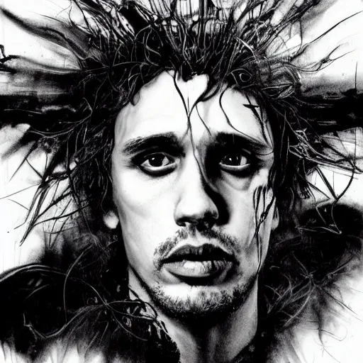 Image similar to stunning portrait of gaunt james franco a ( the cure fan ) as dream from sandman, dim stars as eyes, by jeremy mann, by cedric peyravernay, by by russ mills, by richard avedon and ben templesmith, dramatic lightning, sadness, dark eye sockets, in the shadows, punk rock, gothic, high detailed, 8 k