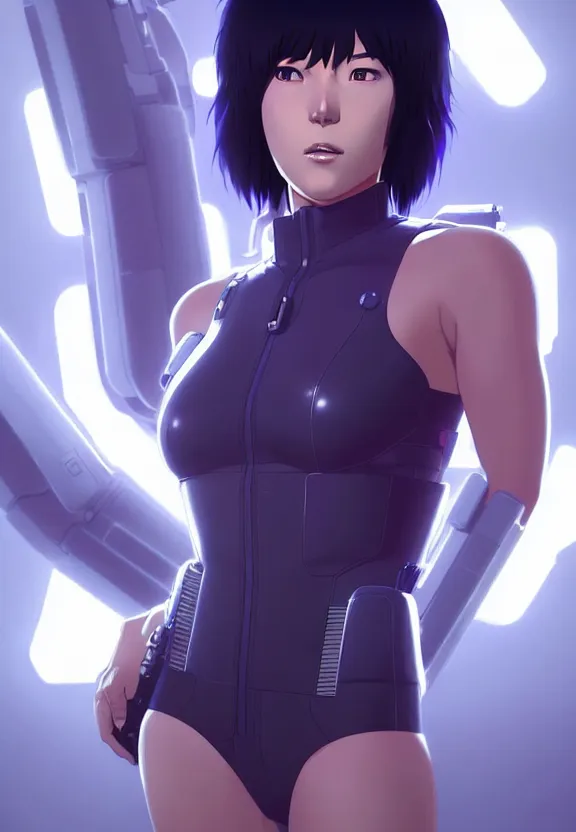 Image similar to a fullbody portrait of motoko kusanagi ghost in the shell, finely detailed features : : gits sac twenty forty five netflix : : by ilya kuvshinov, rossdraws, artgerm, sola digital arts, production ig, volumetric lighting, anti aliasing, raytracing : :