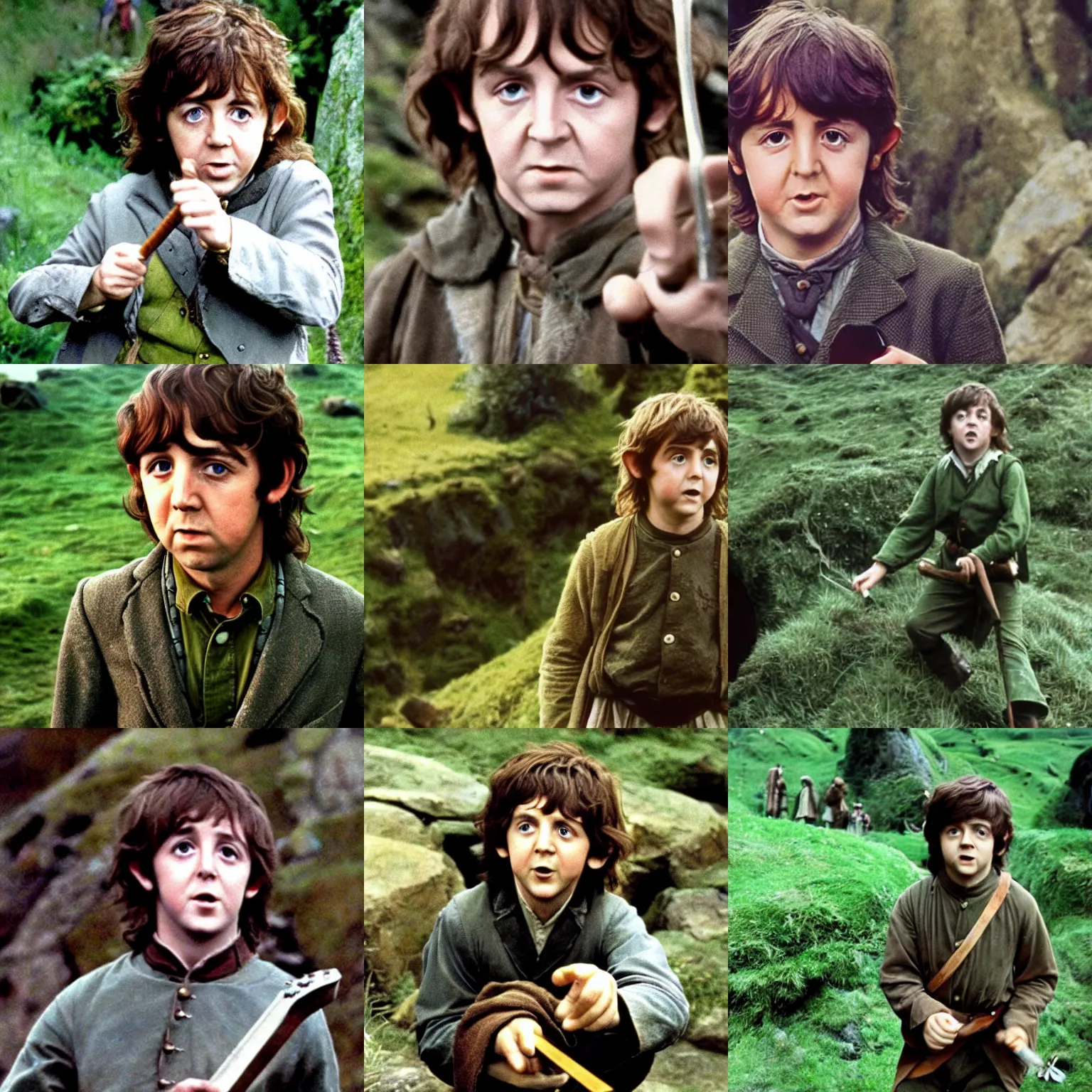 Prompt: A full color still of young Paul McCartney as a hobbit in The Lord of the Rings, directed by Stanley Kubrick, 1967