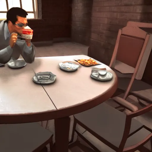 Image similar to jc denton from deus ex videogame eats cereal at a table near liberty island, highly detailed, 4 k, hd