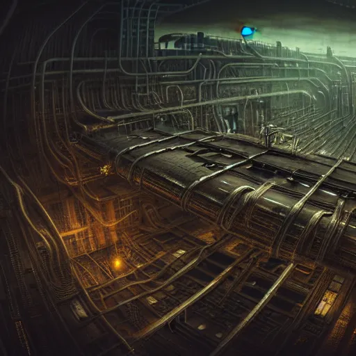 Image similar to futuristic dystopian endless, intricate, complex, labyrinthine, byzantine, tangled, industrial megafactory complex, smokestacks, pipelines and ducts and vents, matte painting, steampunk, smoke, night, gloomy, dark, dramatic, cinematic, volumetric lighting, gods eye view