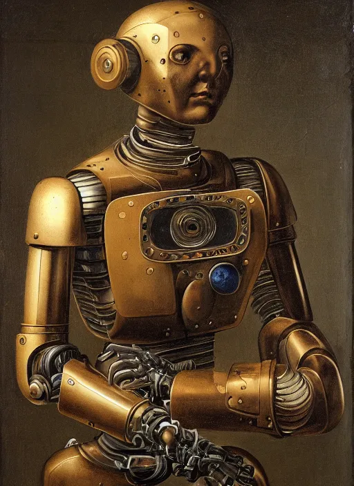 Prompt: a portrait of a robot cyborg by Petrus Christus, renaissance style