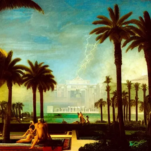 Image similar to The biggest palace ever made, thunderstorm, greek pool, beach and palm trees on the background major arcana sky, by paul delaroche, magazine photo from 2007, hyperrealistic 8k, very detailed