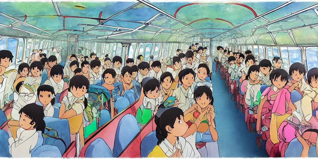 Image similar to inside sri lankan bus, drawn by hayao miyazaki