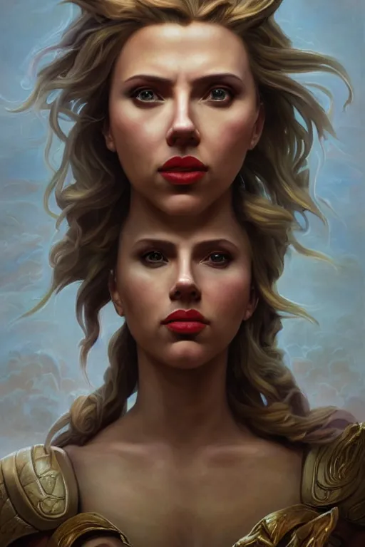 Image similar to A fantasy comic book style portrait painting of Scarlett Johansson as an Atlantean Reptilian Warrior, Mystical Valkyrie, unreal 5, DAZ, hyperrealistic, octane render, Regal, Refined, Detailed Digital Art, RPG portrait, William-Adolphe Bouguereau, Michael Cheval, Walt Disney (1937), François Boucher, Oil Painting, Steampunk, dynamic lighting, Highly Detailed, Cinematic Lighting, Unreal Engine, 8k, HD