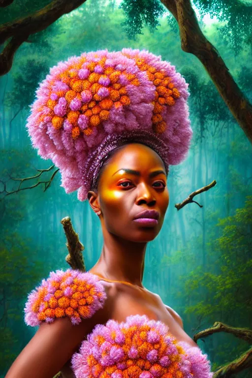 Prompt: hyperrealistic neo - rococo cinematic super expressive! yoruba goddess with exoskeleton armor, merging with tree in a forest, pink orange flowers, highly detailed digital art masterpiece, smooth cam de leon eric zener dramatic pearlescent soft teal light, ground angle hd 8 k, sharp focus