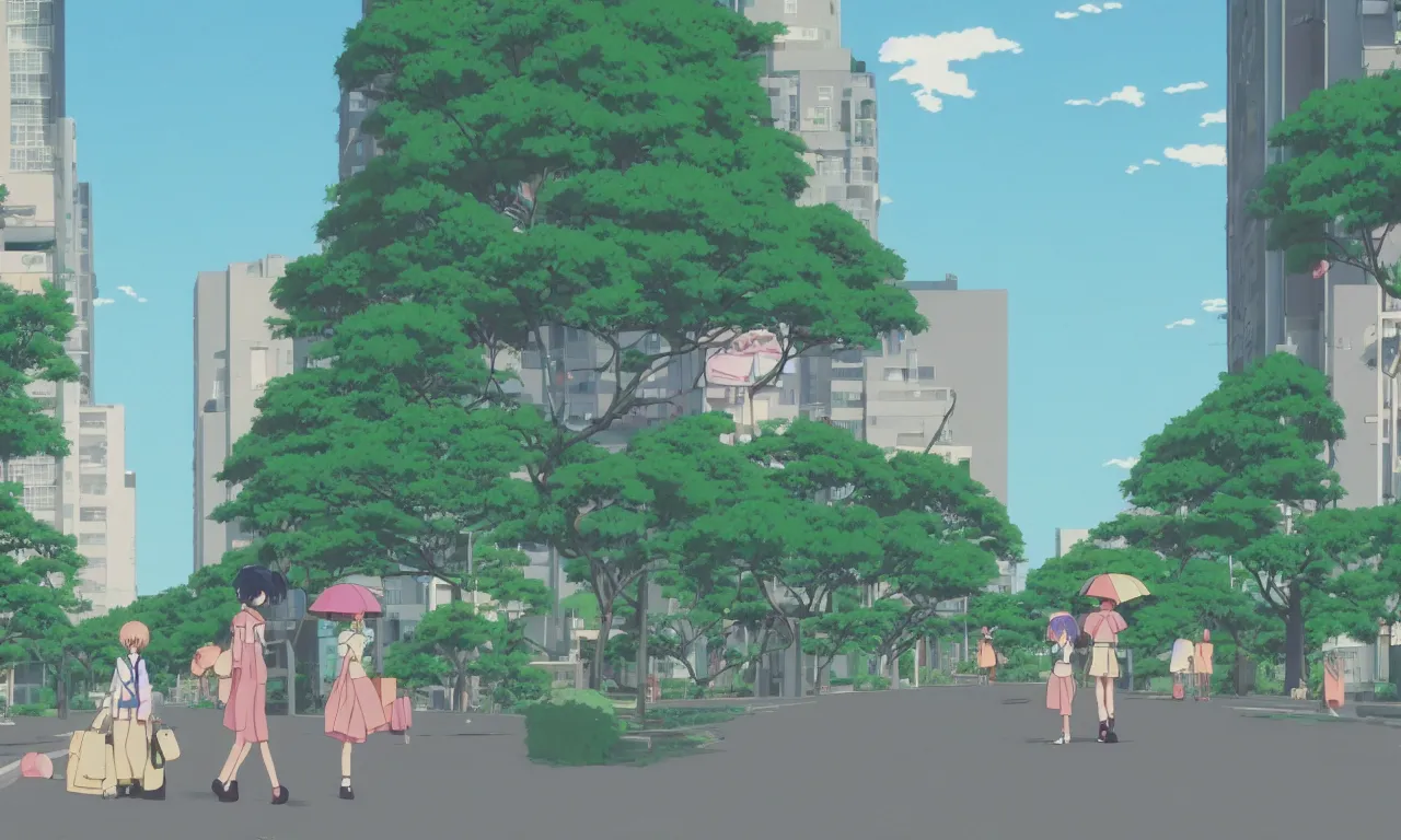 Prompt: A cute aesthetic still frame from an 80's or 90's anime, minimal street in Japan with lush plants, sun set, tall buildings, girl walking with umbrella