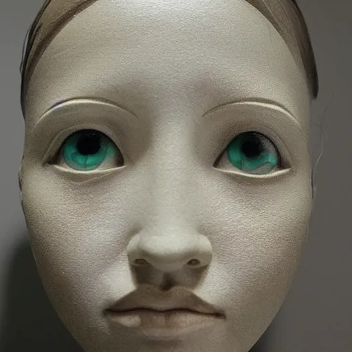 Prompt: A beautiful sculpture. She looks up at me, up and down. She has short-cropped hair, and a scar on her left cheekbone: just a line of black against her deep tan, precise and geometrical. Her eyes are pale green. by Inio Asano rigorous