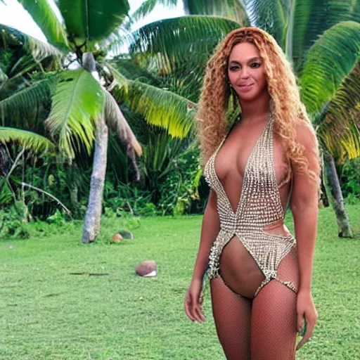 Prompt: beyonce in samoa drinking a coconut