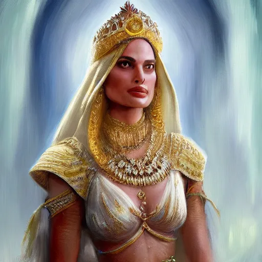 Image similar to a portrait of a woman who looks like a mix of natalie portman and margot robbie as an arabian princess in a disney movie, crown!! oil painting, pale colors, high detail, 8 k, wide angle, trending on artstation,