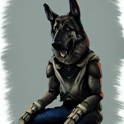 Image similar to a humanoid german shepherd beast - man, sitting on a couch and puts on jeans, artstation, concept art, smooth, sharp foccus ilustration, artstation