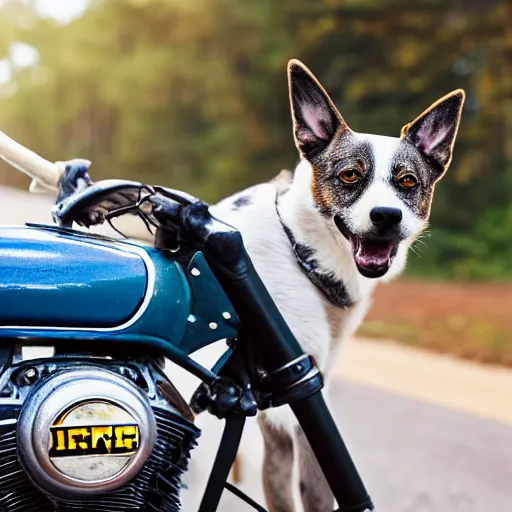 Image similar to blue heeler dog on a motorcycle, 8 k photography, blurred background of a wafflehouse