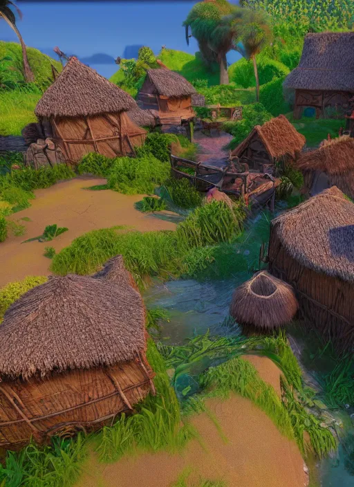 Prompt: subsurface scattering, medieval village in the middle of lush forest, in the style of moana, cinematic lighting, 8 k