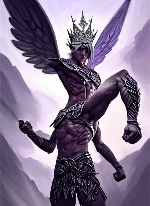 Image similar to aggressive winged androgenous queer silver elf with fire crown, d & d, muscular! crossfit, fitness, tech suit, tight wrinkled cloath, vivid color scheme, atmospheric perspective, fantasy, intricate, elegant, highly detailed, digital painting, artstation, concept art, smooth, sharp focus, illustration, art by craig davison and jesper ejsing