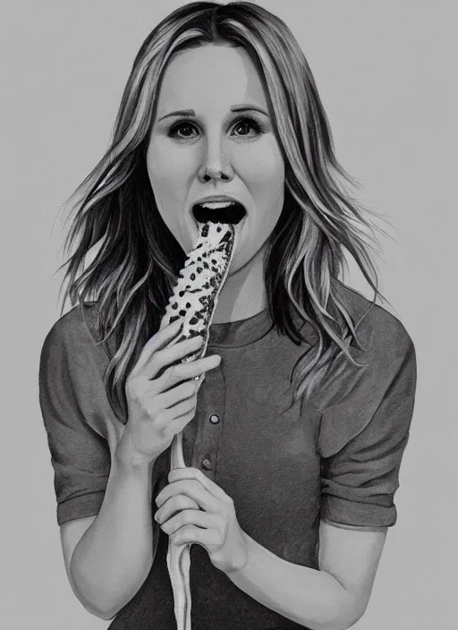 Prompt: portrait of kristen bell eating a banana, intricate, elegant, highly detailed, photorealistic, trending on artstation, digital art