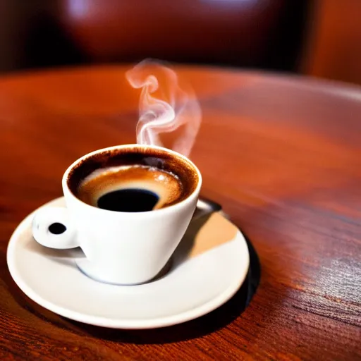 Image similar to realistic detailed photo of a steaming cup of coffee on a saucer with a flaky pastry on the side and a coffee spoon next to it on the table in a hotel lobby, liminal, hdr, volumetric lighting, dim light, diffuse light, depth of field