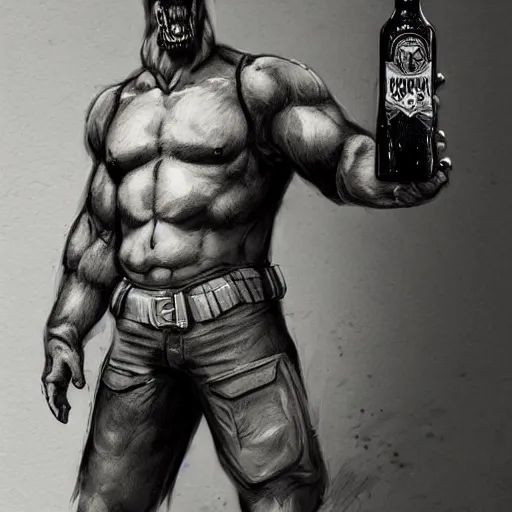 Image similar to a humanoid german shepherd beast - man in military style, holding a bottle of beer, artstation, concept art, smooth, sharp foccus ilustration, artstation