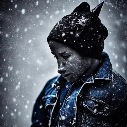 Prompt: an award winning national geographic picture of a black jackal wearing a denim jacket in the snow by lee jeffries, 8 5 mm nd 5, perfect lighting in a snow storm