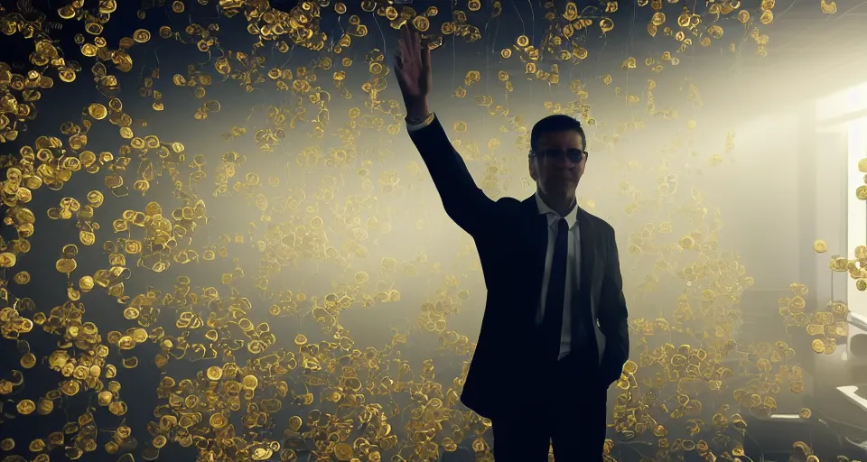 Image similar to Dramatic photo of a CEO waving to silhouettes of his coworkers in a futuristic office. Golden coins are levitating all around them. 8k, high detail, trending on Artstation, volumetric lighting, cyberpunk