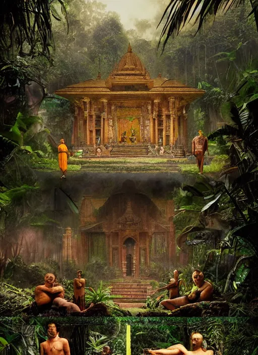 Image similar to 8 k concept art from a hindu temple lost in the jungle by david mattingly and samuel araya and michael whelan and dave mckean and richard corben. realistic matte painting with photorealistic hdr volumetric lighting. composition and layout inspired by gregory crewdson.