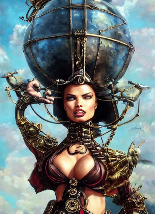 Image similar to front portrait of attractive Adriana Lima as Lady Mechanika hanging from a steampunk airship , Intrincate background with steampunk imagery , D&D!, fantasy style, sharp focus!, ultra detailed, art by Artgerm and Peter Andrew Jones, WLUP