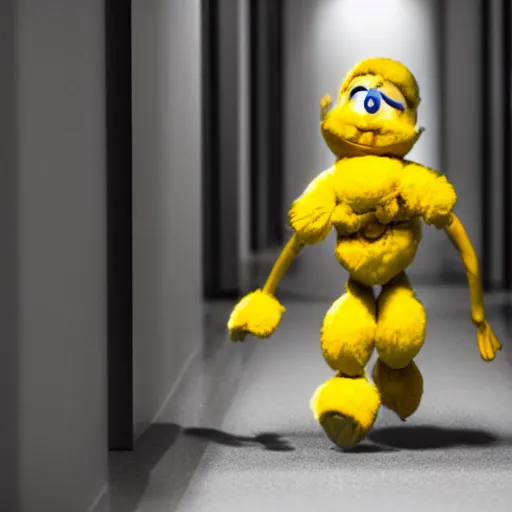 Prompt: Toy Chica walking down a hallway