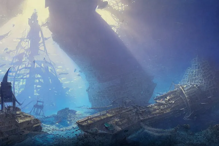 Prompt: a scenic view of the lost and abandoned city of Atlantic under water, ray of sunlight, shipwreck at the bottom of the sea, fish flocks, Greg Rutkowski, Moebius, Mohrbacher, Mucha, blue and gold color scheme, ultra wide angle, light effect