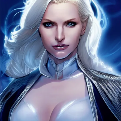 Image similar to portrait of emma frost, a beautiful woman in her 3 0 s with white blonde hair and blue eyes dressed in a fashionable white suit, detailed face, beautiful face, delicate features, smooth, sharp focus, graphic novel, art by artgerm and greg rutkowski and ardian syaf and pepe larraz,