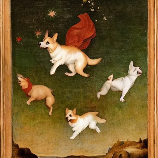 Image similar to happy corgi dog flying through cosmos, renaissance art style