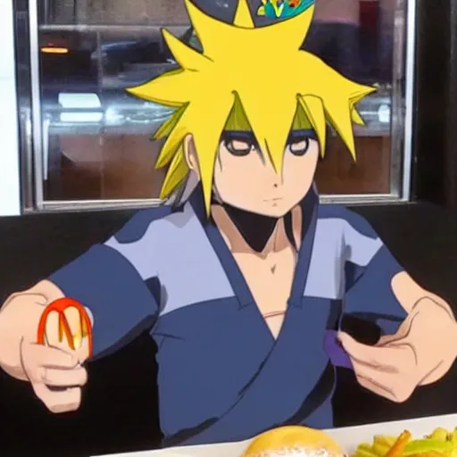 Prompt: sasuke at mcdonald's.