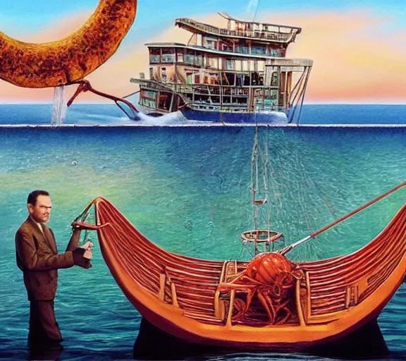 Image similar to Tom hanks as forrest fishing for shrimp in a giant shrimp boat, majestic beautiful world, surrealism painting, amazing detail