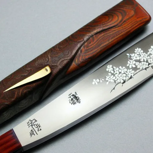 Prompt: Japanese knife, Japanese knife design, fancy Japanese knife carving, Japanese themes, knife etching