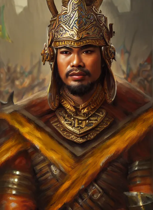 Image similar to smart tai warlord, closeup portrait, historical, ethnic group, sukhothai costume, bronze headset, fantasy, intricate, with leather armor cross onbare chest, elegant, loin cloth, highly detailed, oil painting, artstation, concept art, matte, sharp focus, illustration, hearthstone, art by earl norem