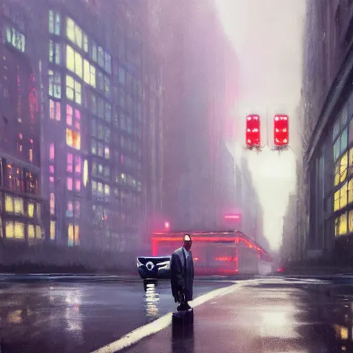 Image similar to detailed rendering of an elegant graceful yet lonely robot, electronic billboards, tech noir, wet reflections, atmospheric, ambient, livia prima, greg rutkowski, edward hopper, pj crook