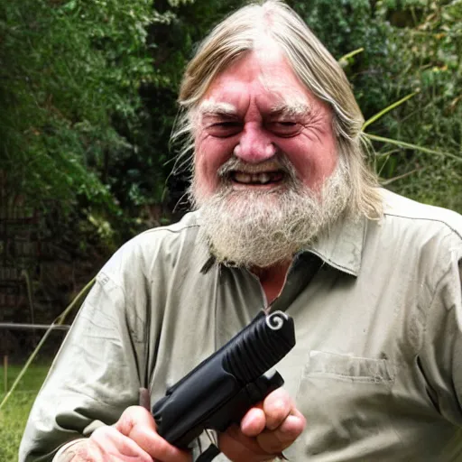 Image similar to laughing robert wyatt pointing a gun at the camera