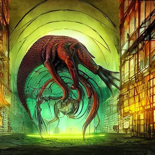 Prompt: basilisk of roko and the awakening of an ai with consciousness, surreal technological conceptual art magical cybernetic realism horror visions distopic and utopic art