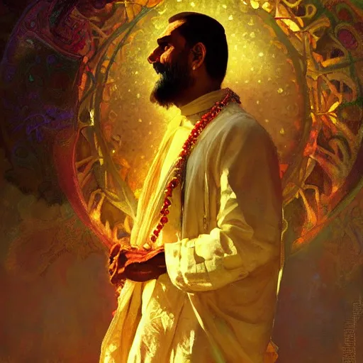 Image similar to portrait of Indian male priest, fantasy, powerful, elegant, intricate, beautiful lighting, perfect composition, by greg rutkowski, thomas kindkade, alphonse mucha