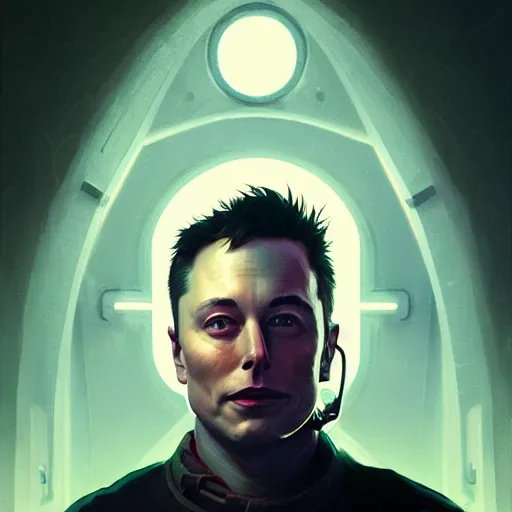 Image similar to Highly detailed portrait of cyborg elon musk, unreal engine, fantasy art by Greg Rutkowski, Loish, Rhads, ferdinand knab, Makoto Shinkai and Lois van baarle, ilya kuvshinov, rossdraws, Tom Bagshaw, alphonse mucha, global illumination, radiant light, detailed and intricate environment