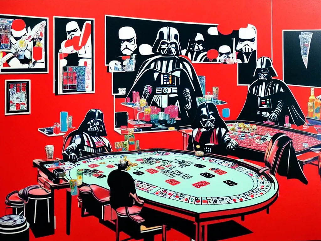 Image similar to hyper - realistic composition of a room with an extremely detailed poker table, croupier in traditional japanese kimono standing nearby, darth vader sitting at the table, fireworks in the background, pop art style, jackie tsai style, andy warhol style, acrylic on canvas