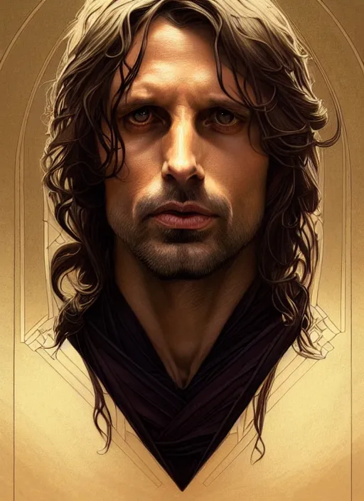 Prompt: symmetry!! portrait of aragorn, intricate, elegant, highly detailed, digital painting, artstation, concept art, smooth, sharp focus, illustration, art by artgerm and greg rutkowski and alphonse mucha