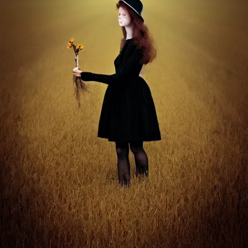 Image similar to a girl standing in a field, alone, wearing black dress and hat, doll in hand, detailed hands, by andrea kowch, dark, scene, magic realism, flowers, perspective